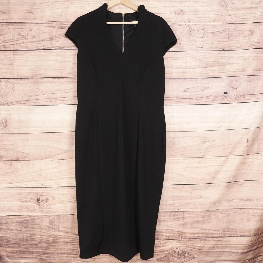 Alexia Admor Dress Womens XL Black Knit Sheath Midi V Neck Cap Sleeve Zip Lined